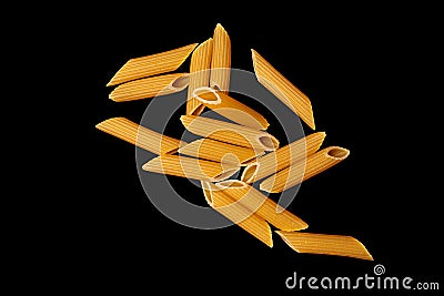 Pasta from durum penne wheat curls fusilli, cavatappi, unprepared, raw pasta cellentani handmade isolated on black background clos Stock Photo