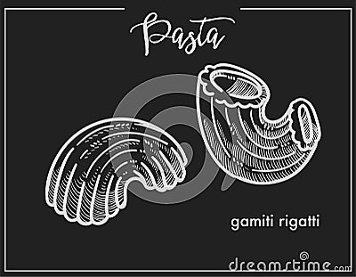 Pasta Gamiti Rigatti chalk sketch for Italian cuisine menu or packaging design on black background Vector Illustration