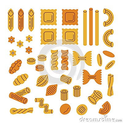 Pasta icon flat set. Italian pasta illustration with noodle, macaroni, ravioli, farfalle, spaghetti, fusilli. Vector illustration Vector Illustration