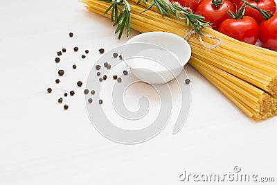 Pasta ingredients, spaghetti, concept on white background, top view, copy space, macro Stock Photo