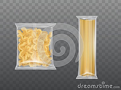 Pasta in limpid package set dry macaroni spaghetti Vector Illustration