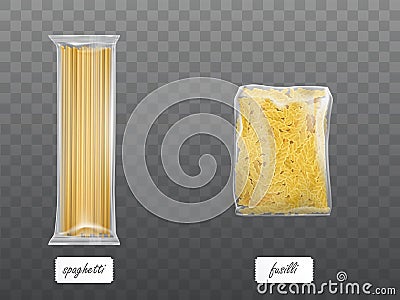 Pasta in limpid package set dry macaroni spaghetti Vector Illustration