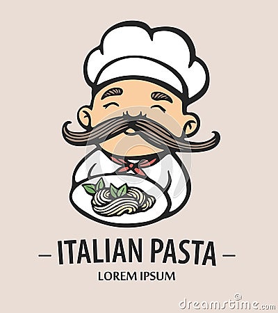 Pasta logo. Hand drawn vector illustration of chef-cooker with a mustache and plate with spaghetti. Colorful Italian Vector Illustration