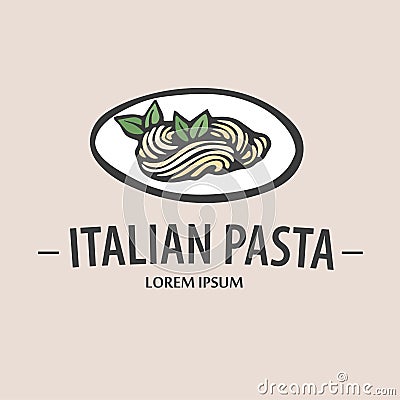 Pasta logo. Hand drawn vector illustration of plate with spaghetti. Stock vector Italian logo. Vector Illustration