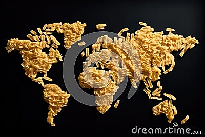 Pasta Map, World Map Made of Macaroni, Pastas Countries, Abstract Generative AI Illustration Stock Photo