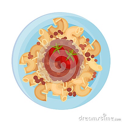 Pasta with Meat and Tomatoes Served on Plate Vector Closeup Illustration Vector Illustration
