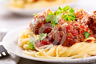 Pasta with meatballs and parsley Stock Photo