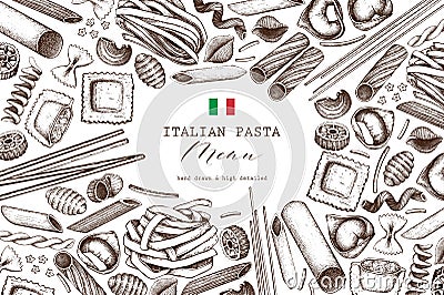 Vector background with traditional Italian pasta isolated on white. Hand drawn food sketches. Vintage illustration for cafe or re Cartoon Illustration