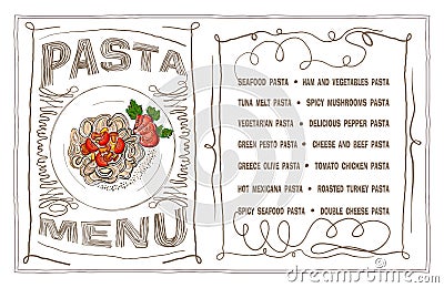 Pasta menu list design template, hand drawn Vector Illustration