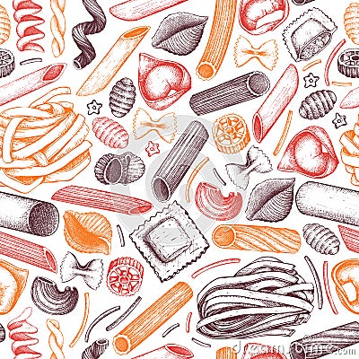 Vector background with traditional Italian pasta sketch. Vintage seamless pattern with hand drawn food illustrations. Cafe or re Cartoon Illustration