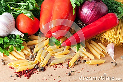Pasta, pepper and parsley Stock Photo