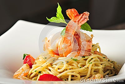 Pasta with prawns, delicious spaghetti with prawns Stock Photo