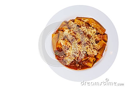 Pasta rigatoni with tomato sauce and cheese. top view. isolated Stock Photo
