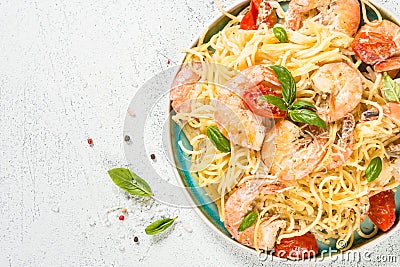 Pasta seafood with shrimp on white table. Stock Photo