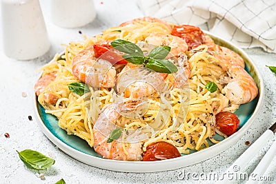 Pasta seafood with shrimp on white table. Stock Photo