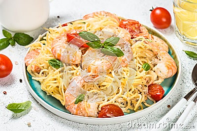 Pasta seafood with shrimp on white table. Stock Photo