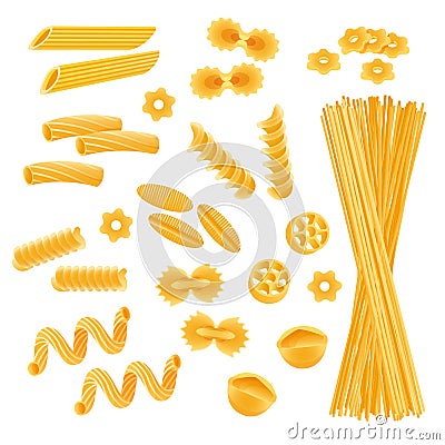 Pasta set isolated on white, different kinds of macaroni and spaghetti uncooked, vector illustration Vector Illustration