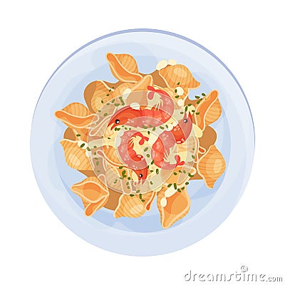 Pasta of Shell Macaroni Products with Prawns Served on Plate Vector Illustration Vector Illustration