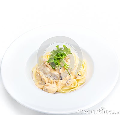 Pasta with shrimps, herbs and mashrooms Stock Photo