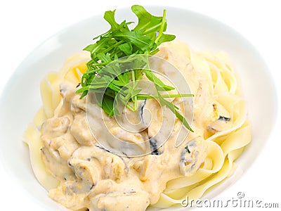 Pasta with shrimps, herbs and mashrooms Stock Photo