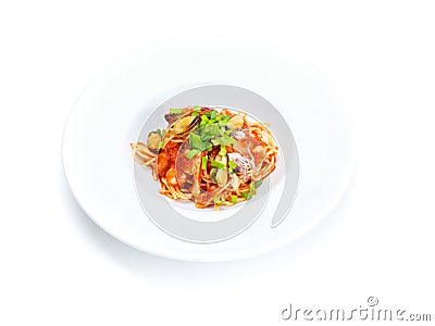 Pasta with shrimps, herbs and mashrooms Stock Photo