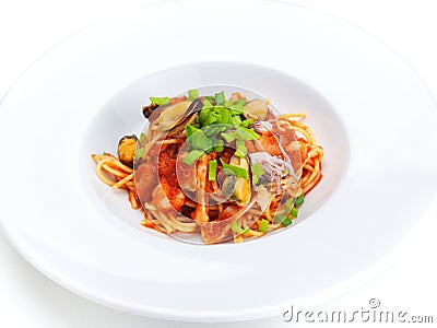 Pasta with shrimps, herbs and mashrooms Stock Photo