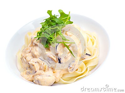 Pasta with shrimps, herbs and mashrooms Stock Photo