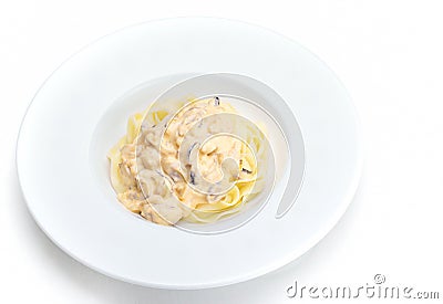 Pasta with shrimps, herbs and mashrooms Stock Photo