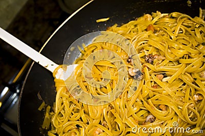 Pasta with shrimps and polyp Stock Photo