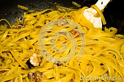 Pasta with shrimps and polyp Stock Photo