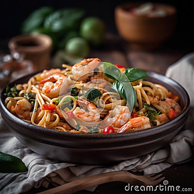 Pasta spaghetti with shrimps on the table Stock Photo