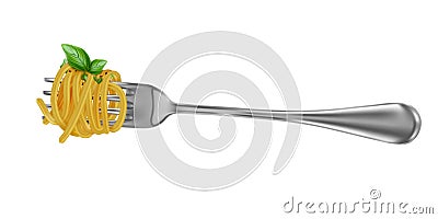 Pasta. Spaghetti wound on a fork with basil leaves Cartoon Illustration