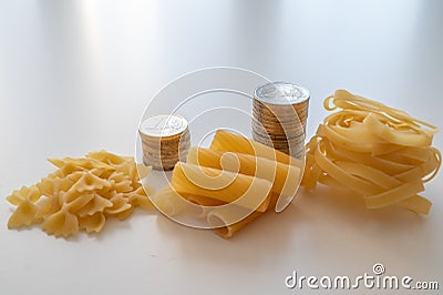 Pasta and stacks of money. Increase in the price of wheat and products. Stock Photo