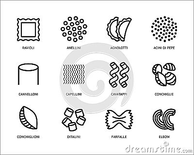 Pasta types line art vector icons set Vector Illustration