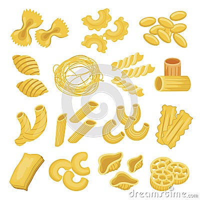 Pasta types set, italian noodles and macaroni Vector Illustration