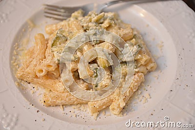 Pasta zucchini and cream panna italian food Stock Photo