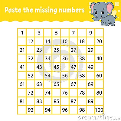 Paste the missing numbers. Handwriting practice. Learning numbers for kids. Education developing worksheet. Activity page. Game Vector Illustration