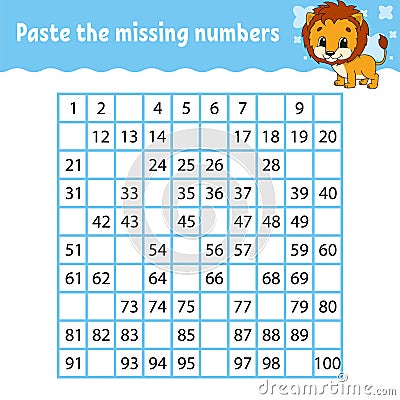 Paste the missing numbers. Handwriting practice. Learning numbers for kids. Education developing worksheet. Activity page. Game Vector Illustration