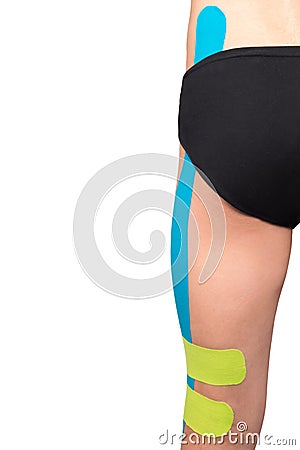 Pasted medical tape on injured leg isolated on white Stock Photo