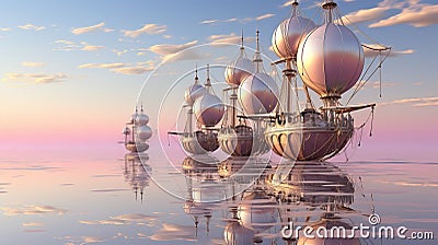 Pastel Airship Fleet Soaring Through Peach Colored Clouds in Delightful Shades of Soft Pink Stock Photo