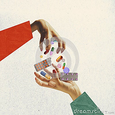 Pastel background. The abstract hand, falling tablets, pills. Artwork or creative collage with art design. Concept of Stock Photo