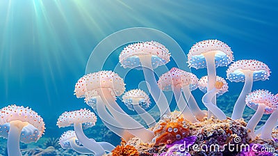 Pastel background accentuates the intricate beauty of ramaria species mushroom coral Stock Photo