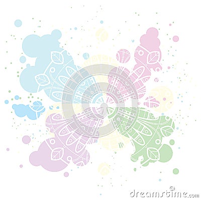 Pastel background with white mandala on colorful circle blobs. Vector Illustration