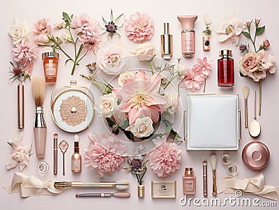 Pastel Beauty Flat Lay of Makeup Products Artfully Arranged with Flowers Stock Photo