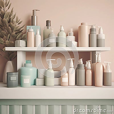 Pastel Beauty Haven: Bathroom Shelf with Assorted Cosmetic and Body Care Products Mockup Generative AI Stock Photo