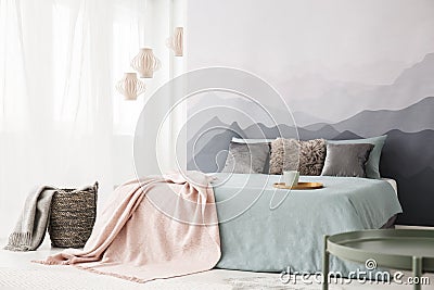 Pastel bedroom interior with mountain Stock Photo