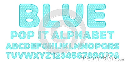 Pastel blue popit alphabet and numbers set in fidget toy style. Pop it font design as a trendy silicone toy for fidget Vector Illustration