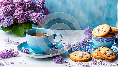 a pastel color ceramic cup and saucer set, surrounded by a lush arrangement of lilac flowers, Stock Photo