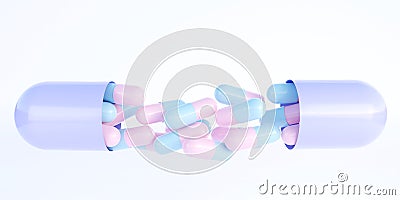 Pastel color Medicine Pills. Blue and pink pills flying out of big purple tablet capsule. Stock Photo