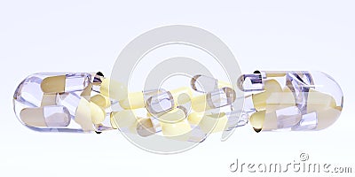 Pastel color Medicine Pills. Yellow Pills flying out of tablet capsule. Stock Photo